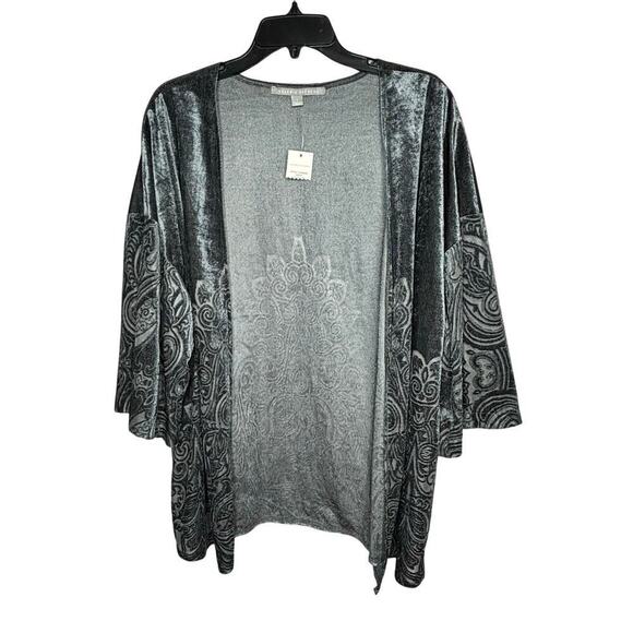 Valerie Stevens Sweaters - Valerie Stevens Slate Crushed Velvet Burnout Open Front Kimono Size Large New
